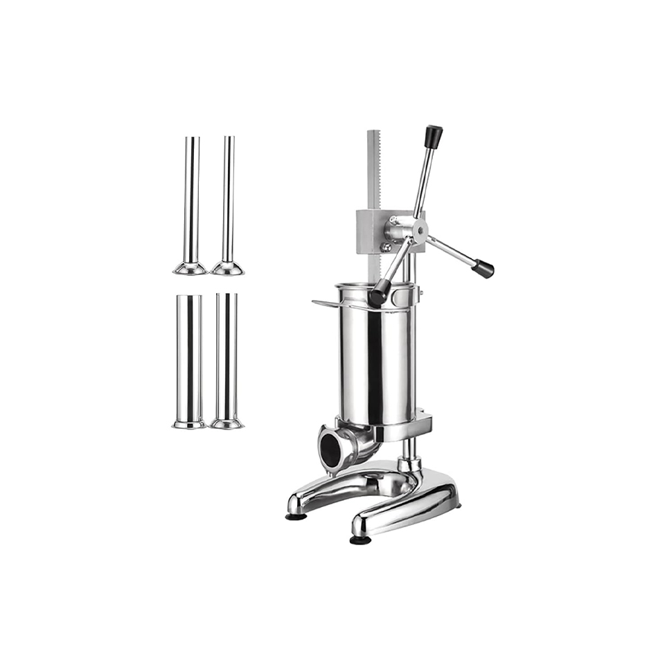 Enchedor Vertical de Salsichas Manual com Engrenagem, Manivela, Aço Inoxidável, 4 Bicos, Comercial