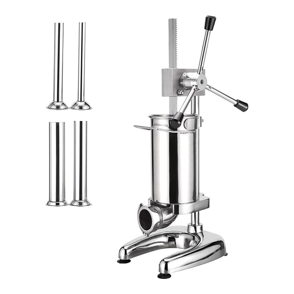 Enchedor Vertical de Salsichas Manual com Engrenagem, Manivela, Aço Inoxidável, 4 Bicos, Comercial