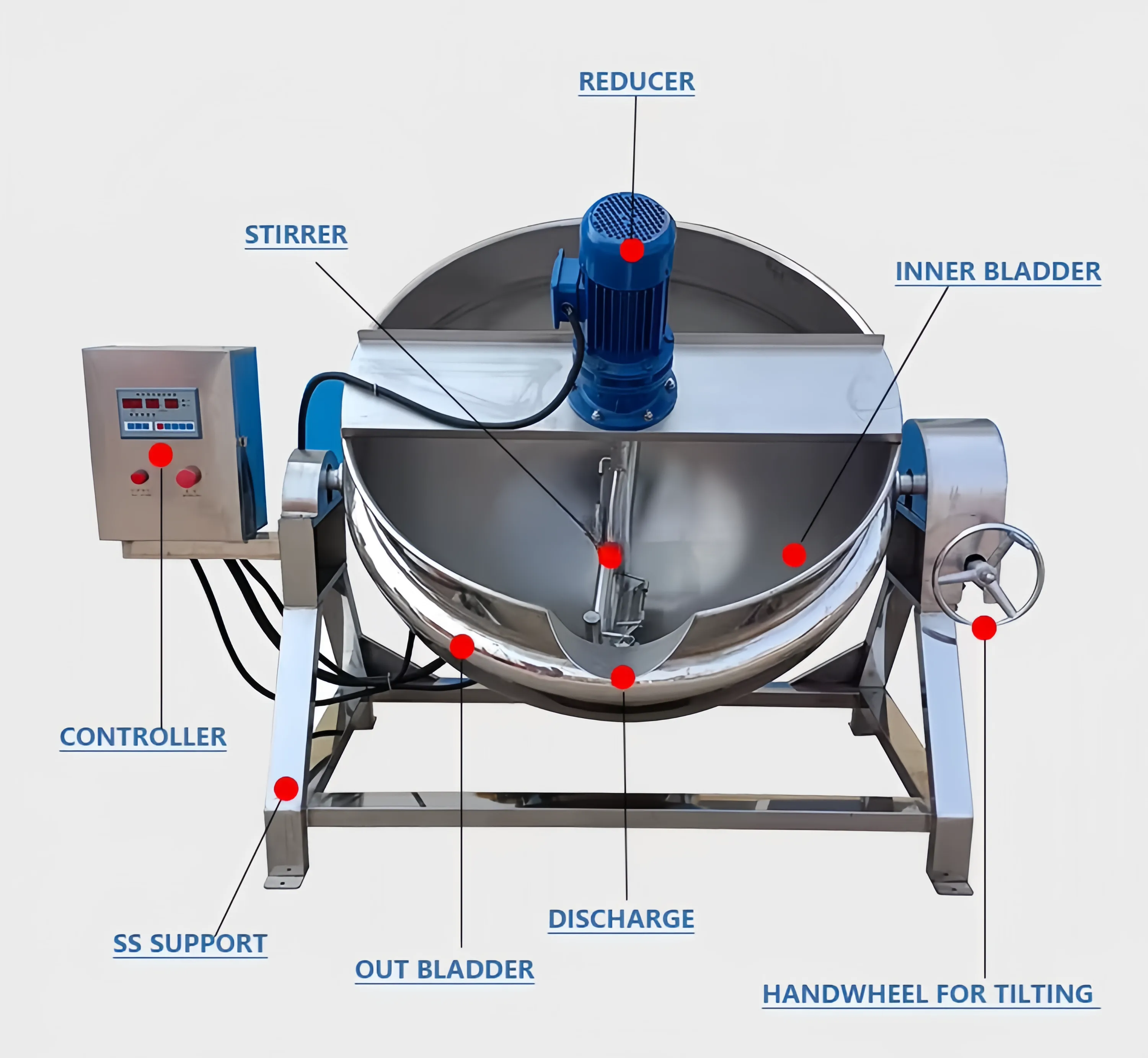 Panela de Cozimento com Camisa Aquecida Eletricamente em Aço Inoxidável SUS304 Capacidade 100-600L Modelos de Inclinação Manual