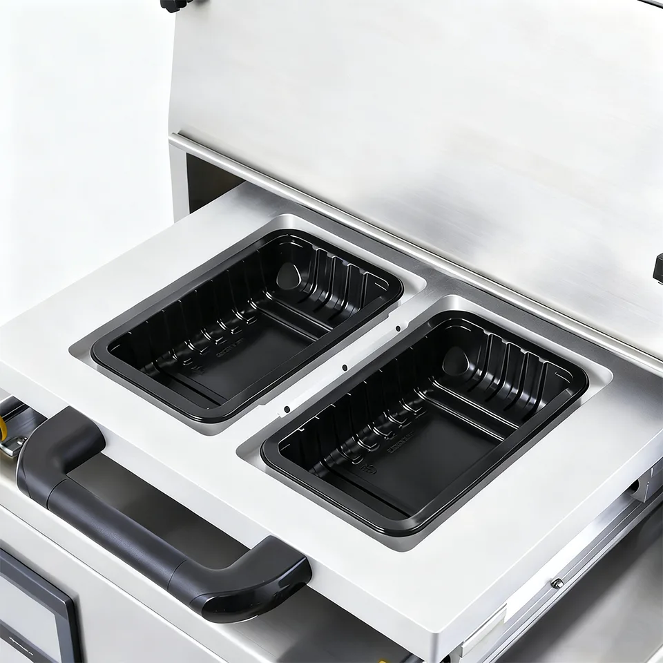 Machine d'emballage sous vide skin de bureau DQ400T-VS, 180–320 barquettes/heure, en acier inoxydable