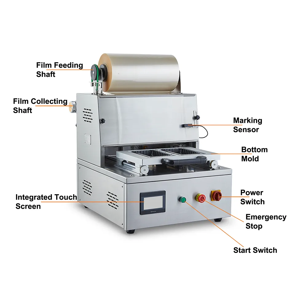 Machine d'emballage sous vide skin de bureau DQ400T-VS, 180–320 barquettes/heure, en acier inoxydable